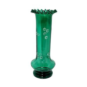 Moser Bohemian Czech Hand Blown Glass Hand Painted Green Enamel Ruffled Vase 10”